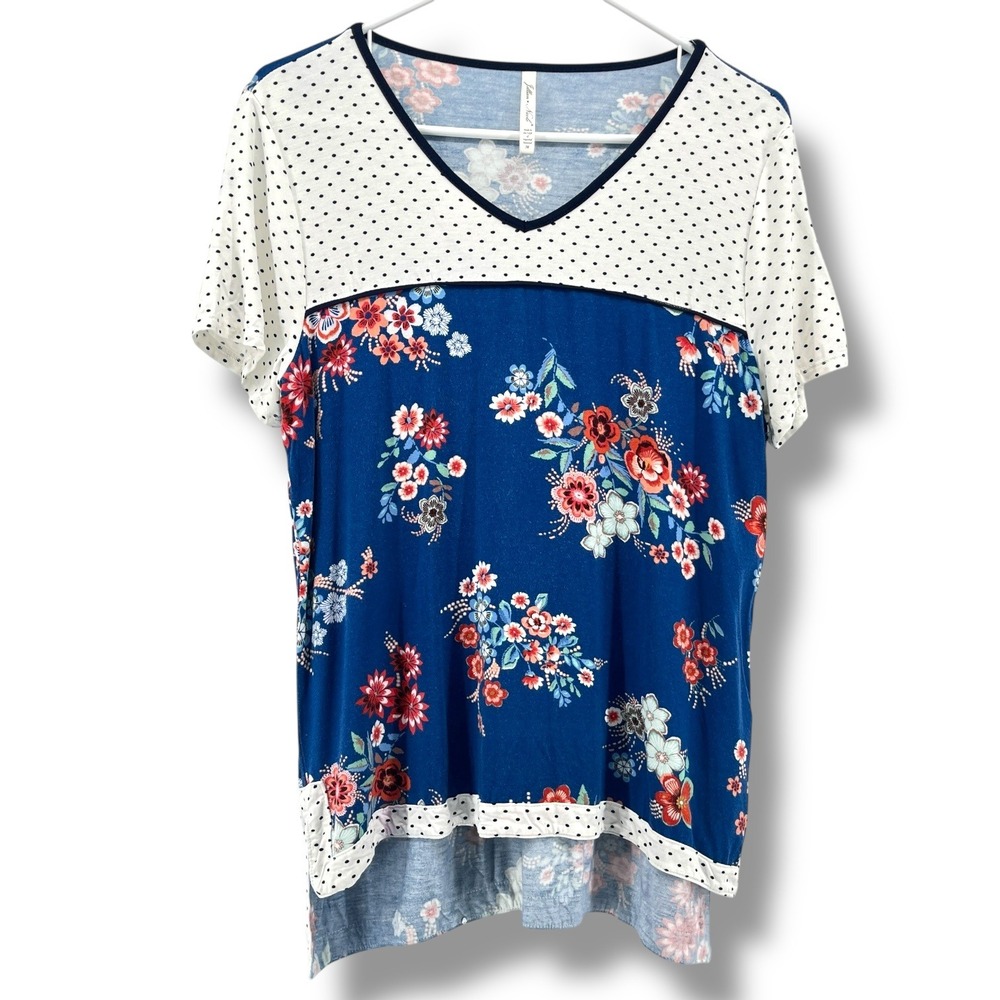 Jillian Nicole Women's Top M Polka Dot Floral Mixed Print Short Sleeve Blouse